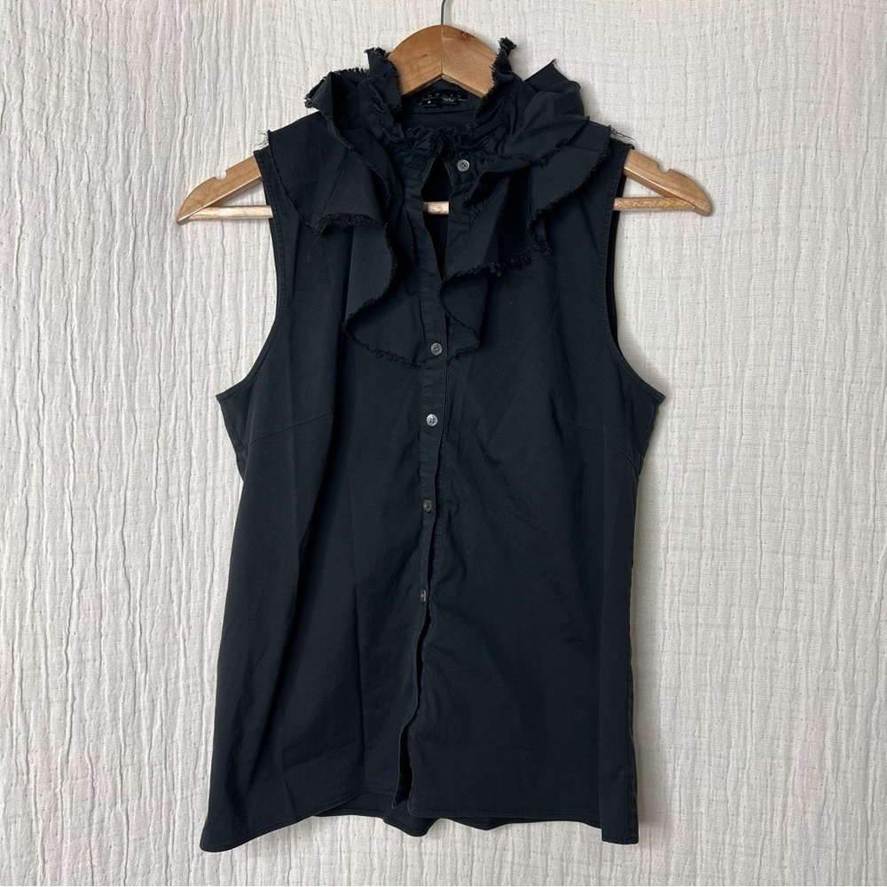 Theory Ruffle Eve Luxe Black Sleeveless Button Front Top Size S Small